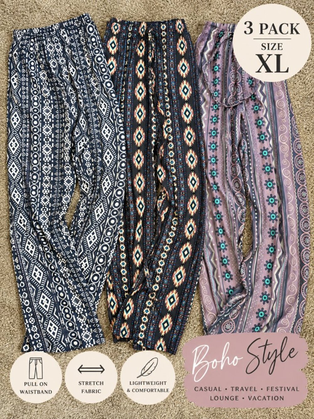 NEW 3 Pack Women’s XL Boho Geometric Print Stretch Pants Bundle